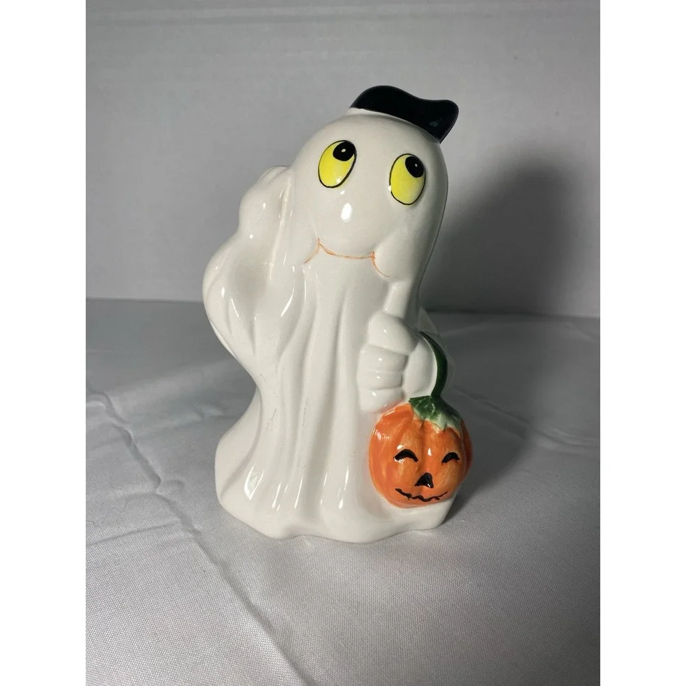 Vintage 1980s Halloween Ceramic Ghost Jack O' Lantern Figurine RARE!